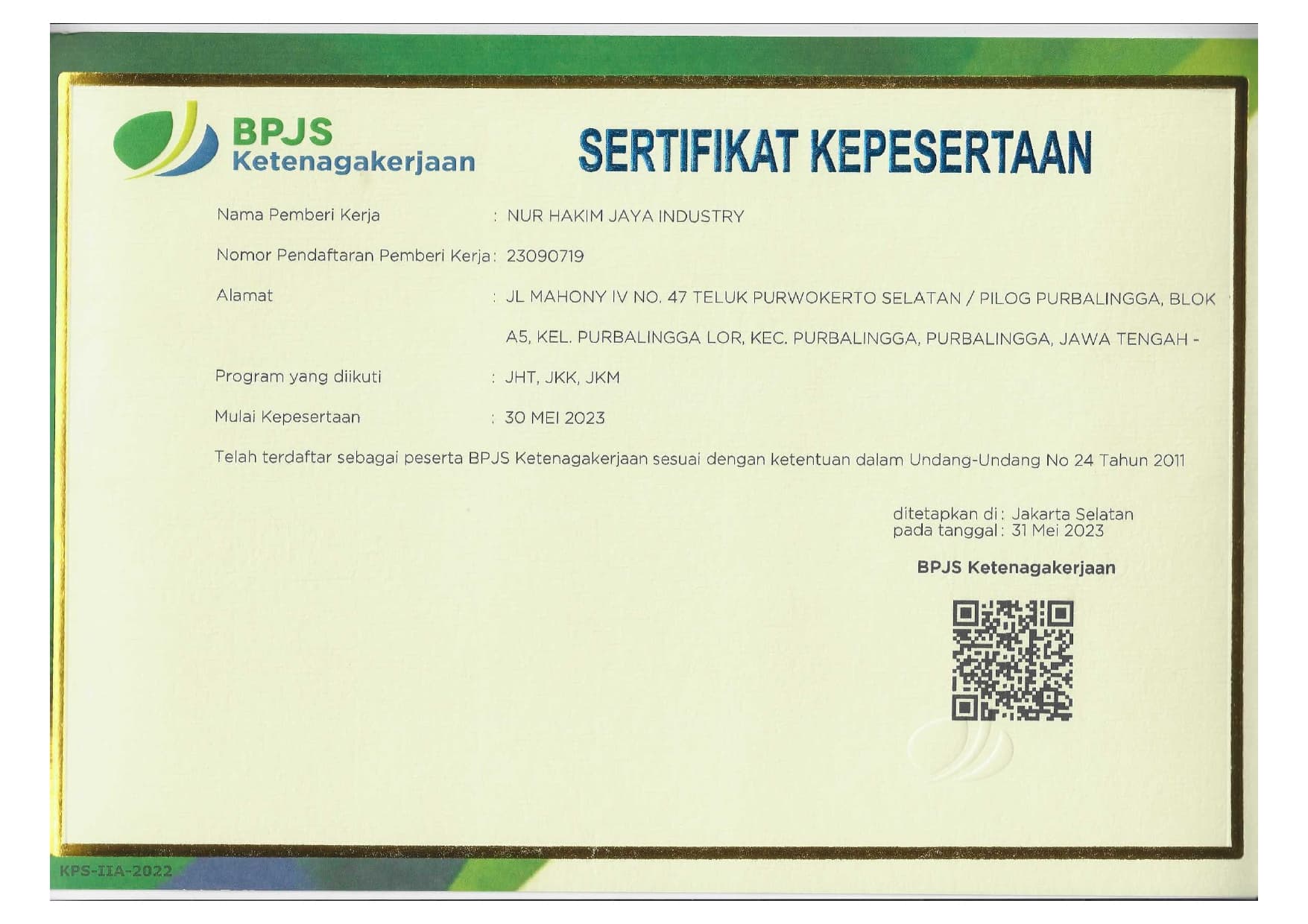 Document of BPJS Employment Certificate