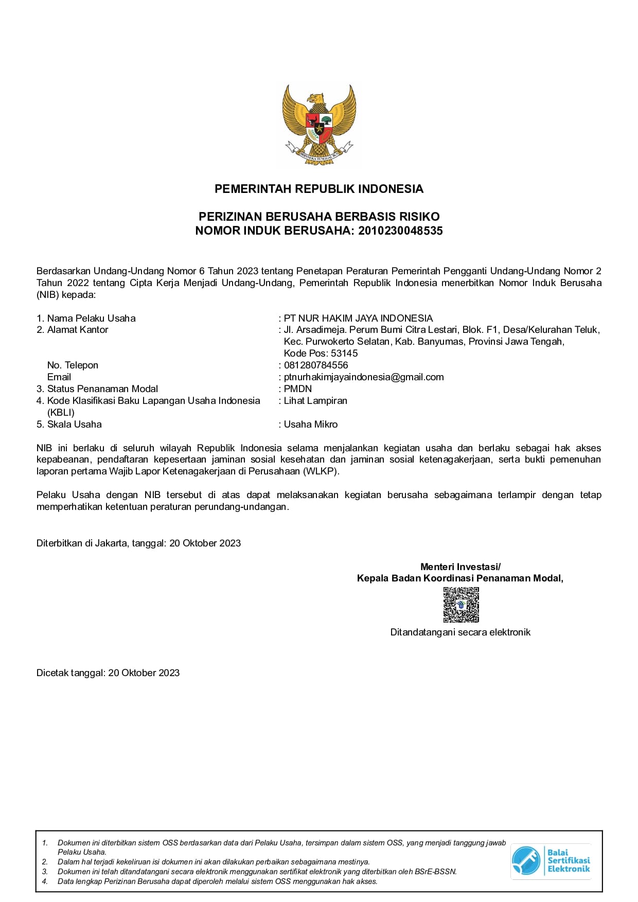 Document of Business Identification Number (NIB) – Trade Sector 

