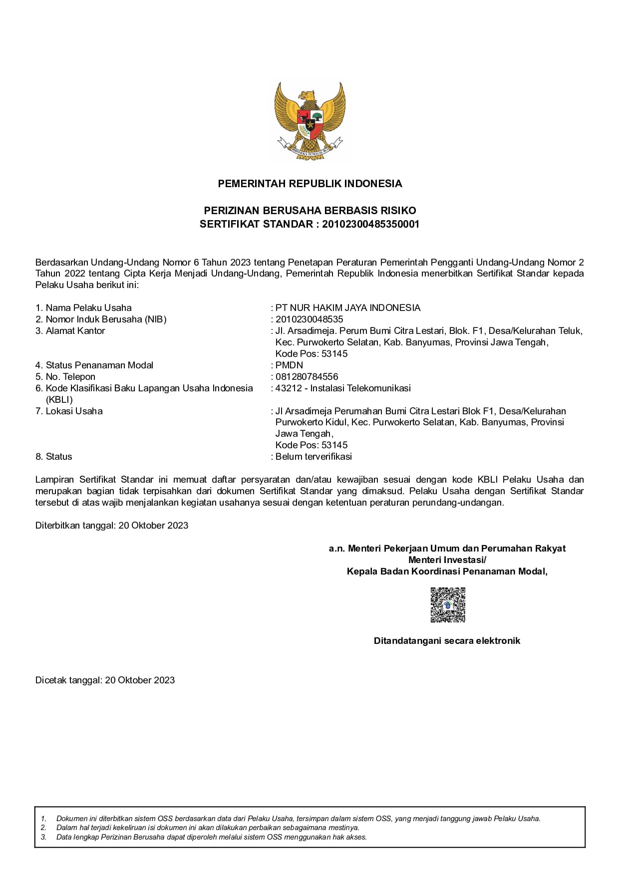 Document of Business Identification Number (NIB) – Telecommunication Sector